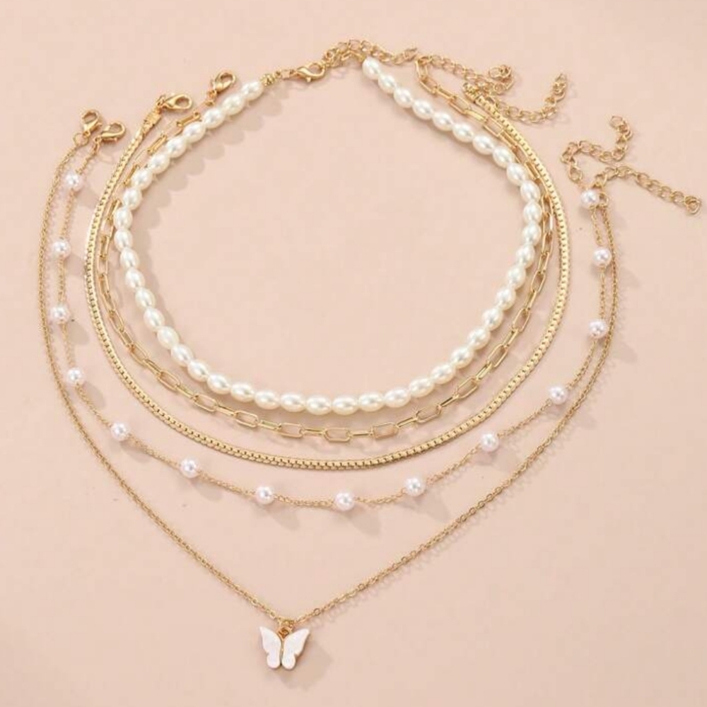 Butterfly And Pearl Gold Layered Necklace Set